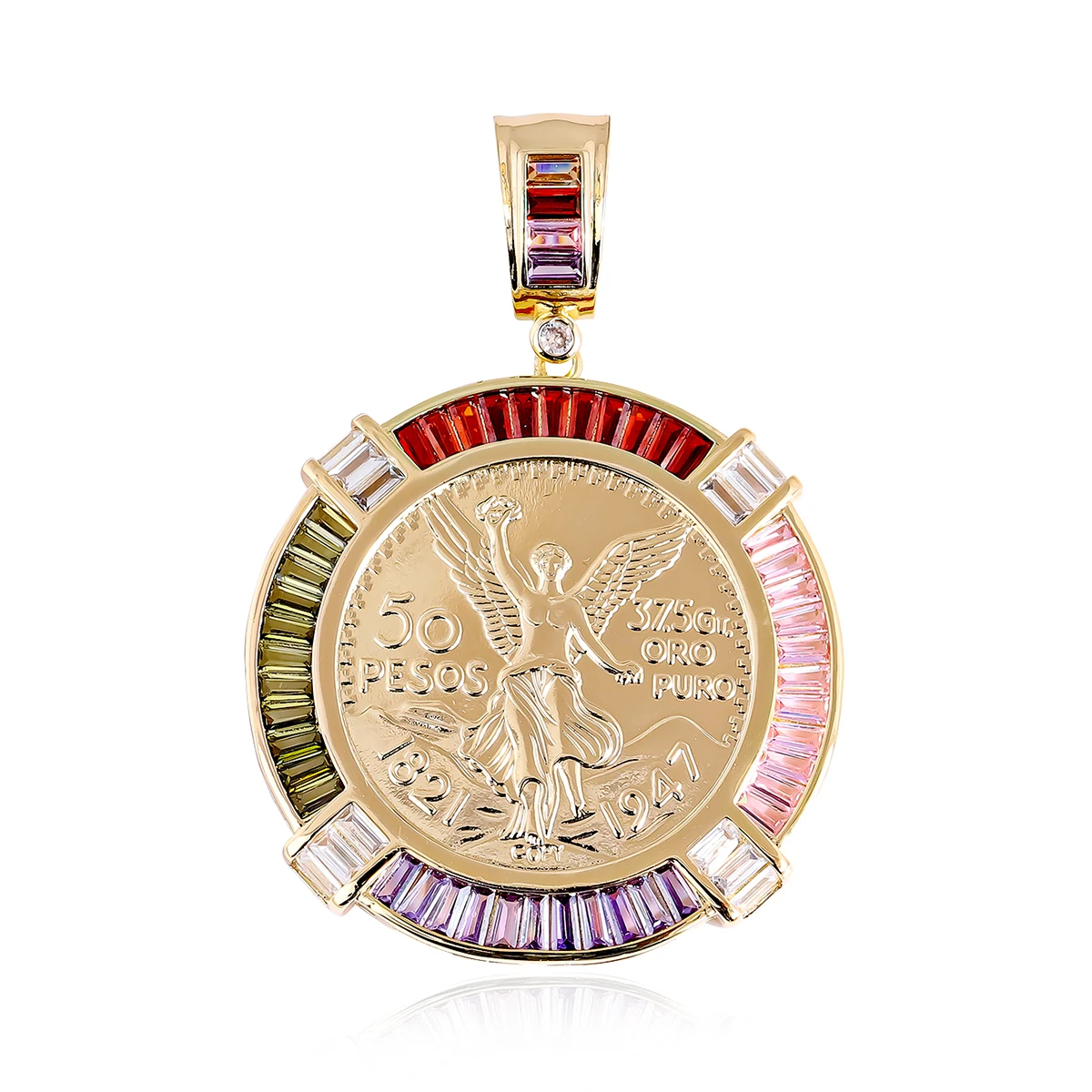 

CM YIM Manufactory Direct Sale Tricolor Religion Brass 14k Gold Plated Gold Mexican 50 Pesos Coin Centenarios Pendant for men