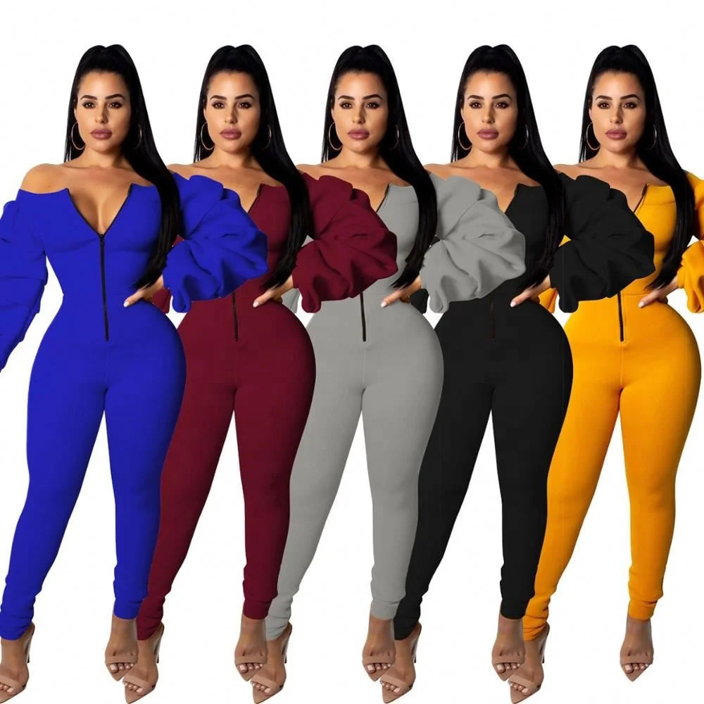 

CM277 Hot Sell Off-The-Shoulder Zipper Long Sleeve Jumpsuits Women