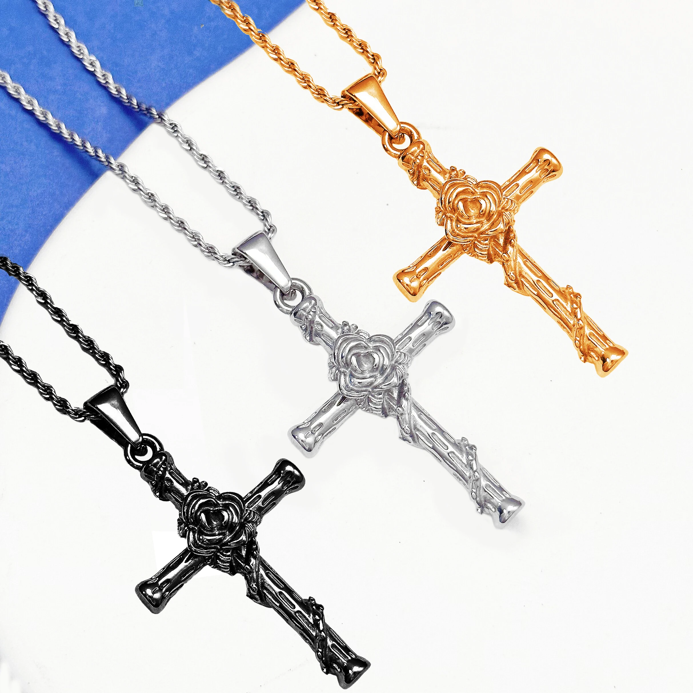 

18k Gold Plated Jewelry Waterproof Men's High Polish Stainless Steel Cross Necklace Punk Rose Cross Pendant Crucifix Necklace