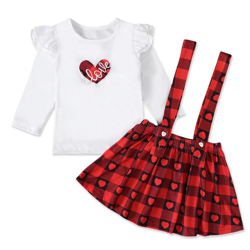 

rts Valentine's Day American spring and autumn girls long-sleeved love blouse red plaid suspender skirt 2piece children clothing