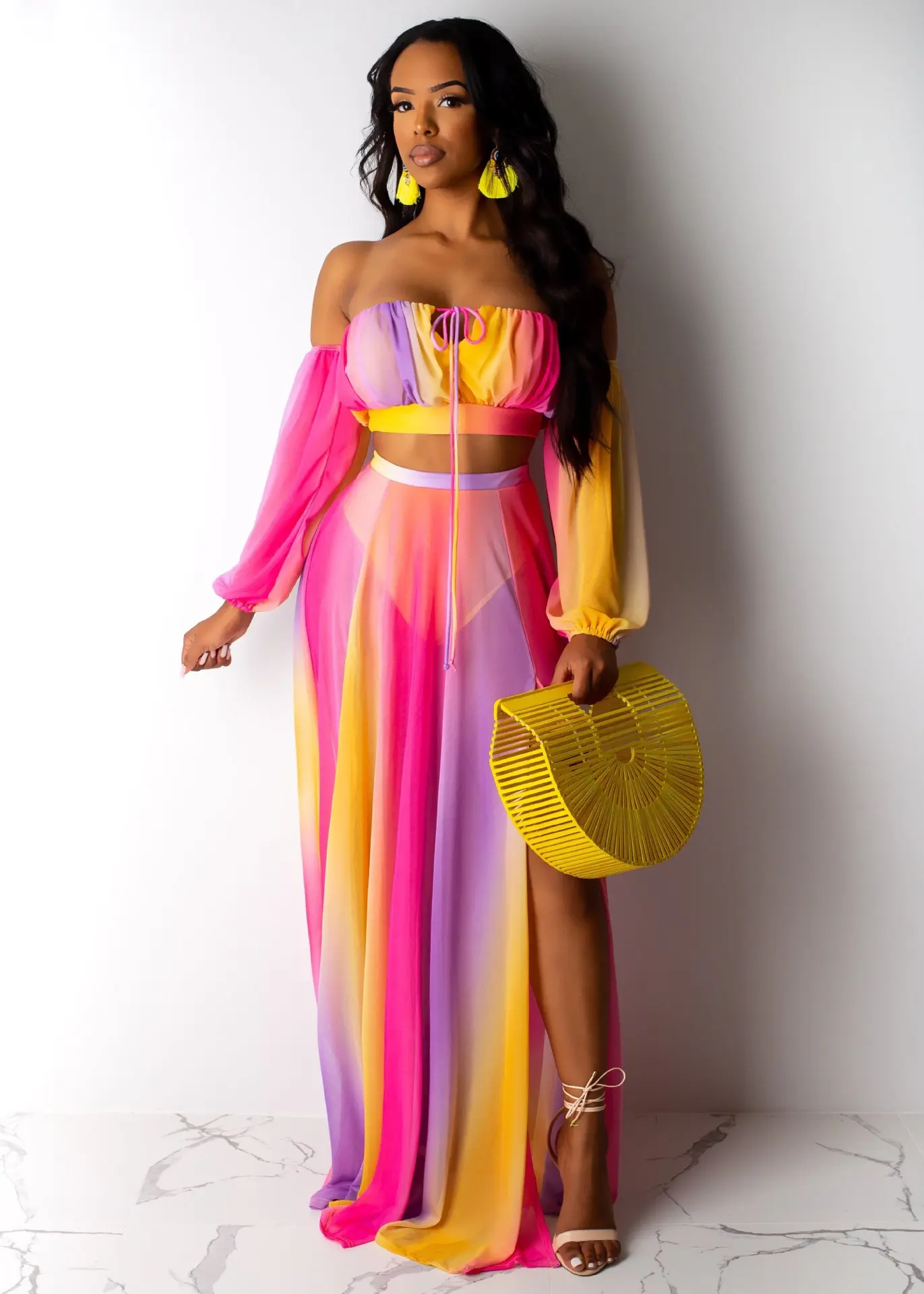 See-through Mesh Womens 2 Piece Outfit Sets Rainbow Printed Sides Split Chiffon Tops Maxi Dress 