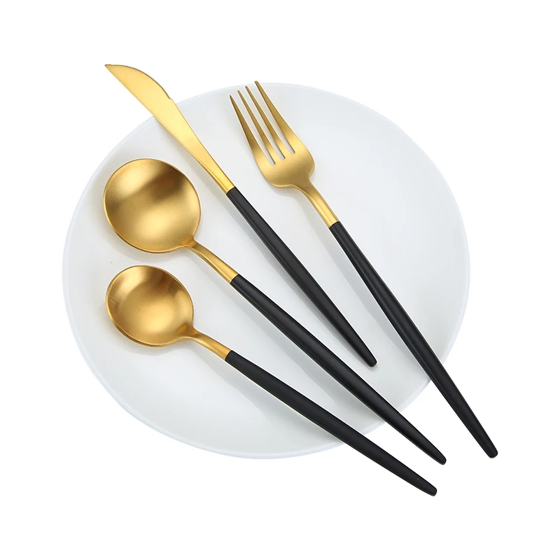 

PVD Titanium plated Gold spoons fork knife Gold flatware Gold cutlery, Gold with white/black/blue/pink handle