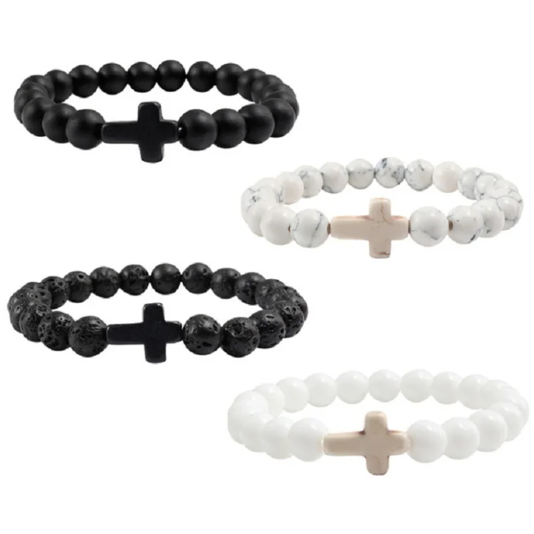 

Charm Natural Stone Bracelet Cross Black Lava Matte Beaded Bracelets Handmade Men Women Prayer Fitness Chain Couple Jewelry Gift, Black,white,red