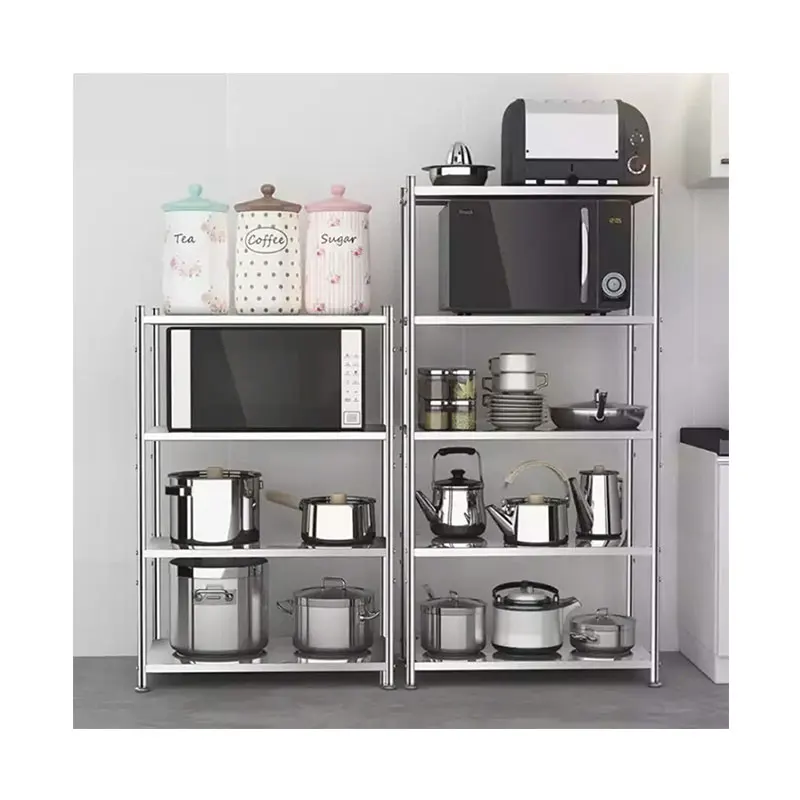 

High Grade Silver Detachable Floor Standing Type Stainless Steel Microwave Oven Rack Organizer For Home Furniture Storage