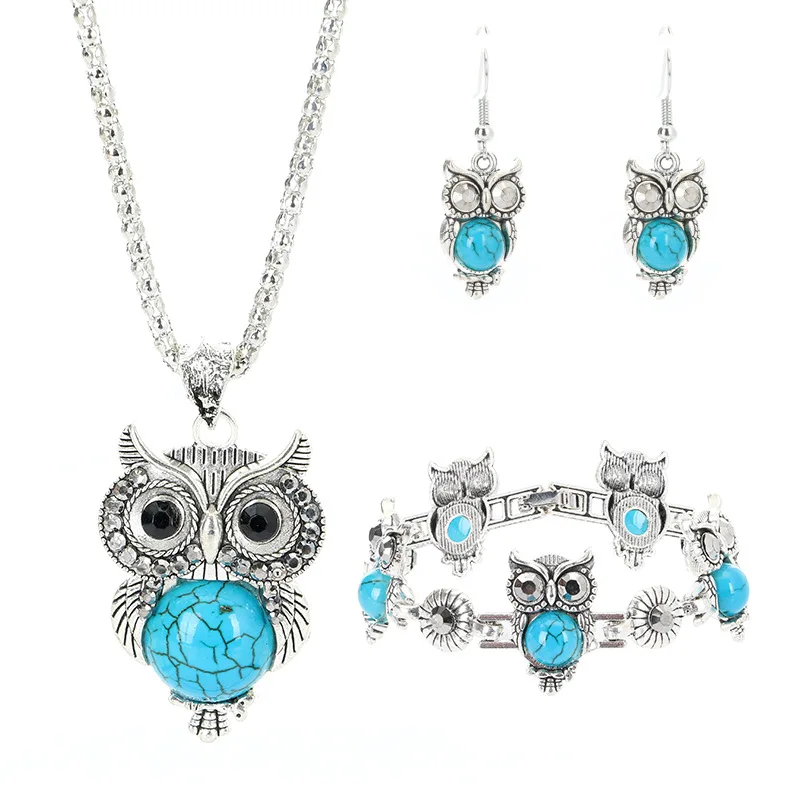 

3pcs/set Vintage Silver Bohemian Ethnic Turquoise Animal Owl Earrings Charm Bracelet Turquoise Owl Pendant Necklace