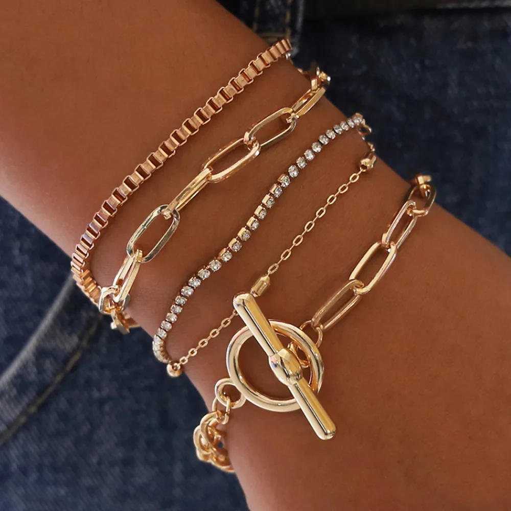 

Flynee Retro 5Pcs Handmade Thick Gold Chunky Chain Multi Layered Round Rectangle Chain Rhinestone Beads Bracelet Set For Women, Gold/white gold/rose gold