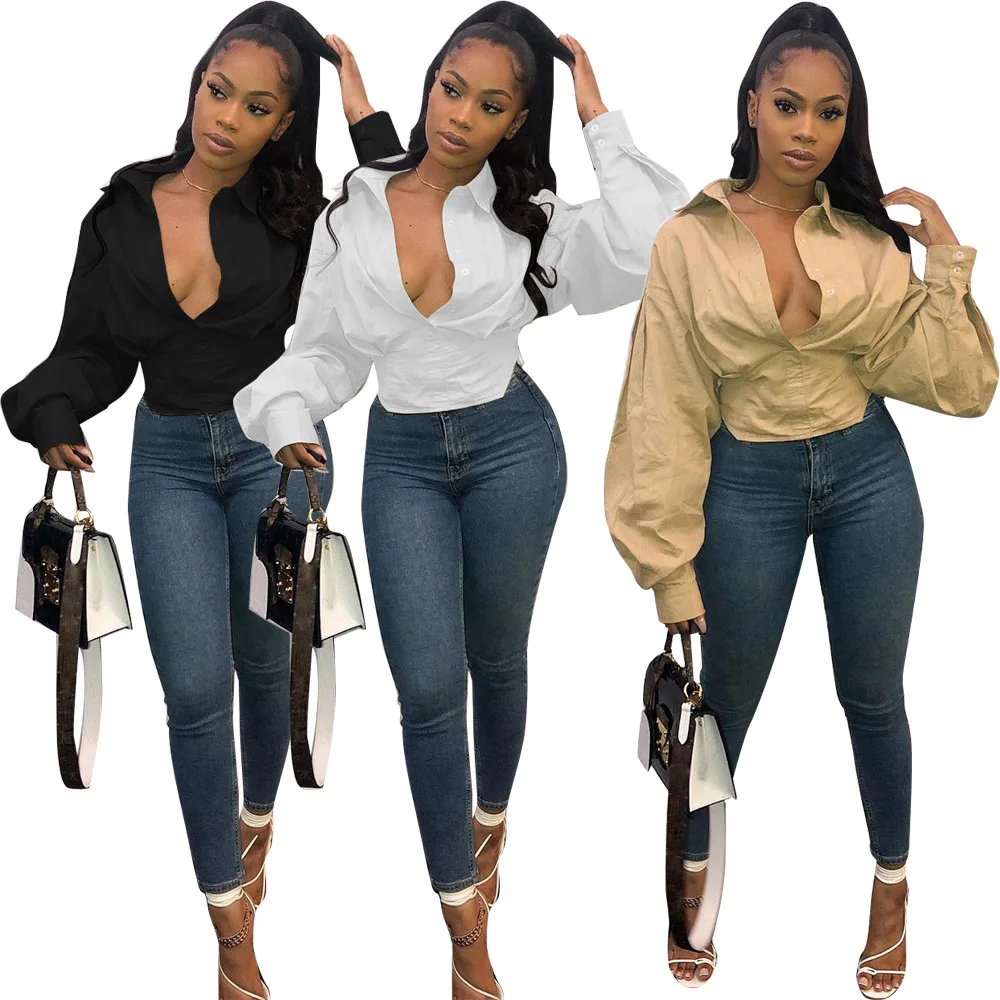 

2021fall new trendy Amazon hot V-neck plus size women puff sleeve plain white sexy long sleeve crop top blouse shirts, 3 color