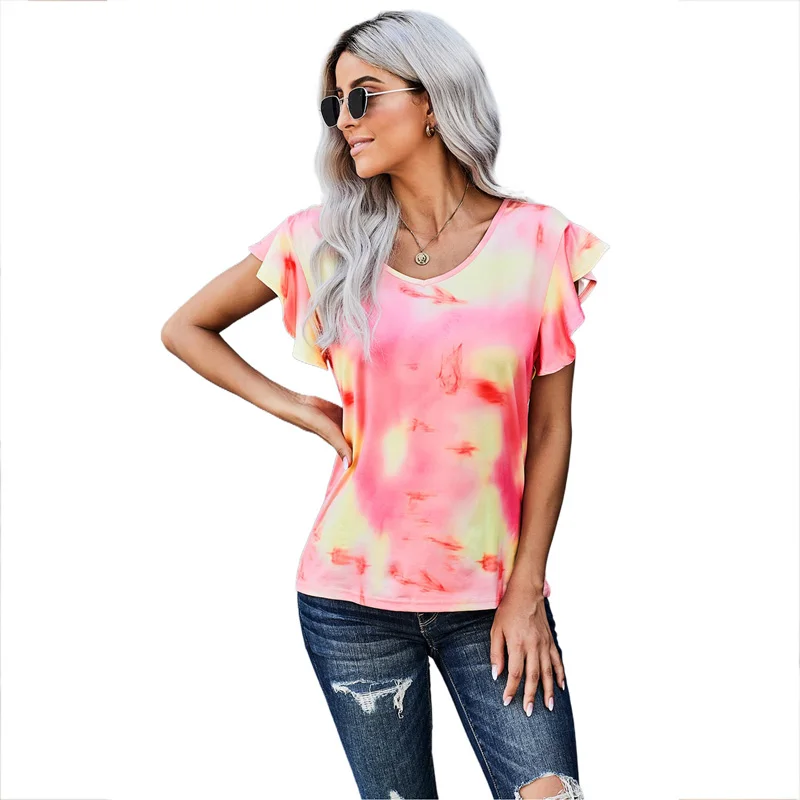 

Wholesale Woman Tops Fashionable Ruffle Sleeve Top Tie Dye T-shirt
