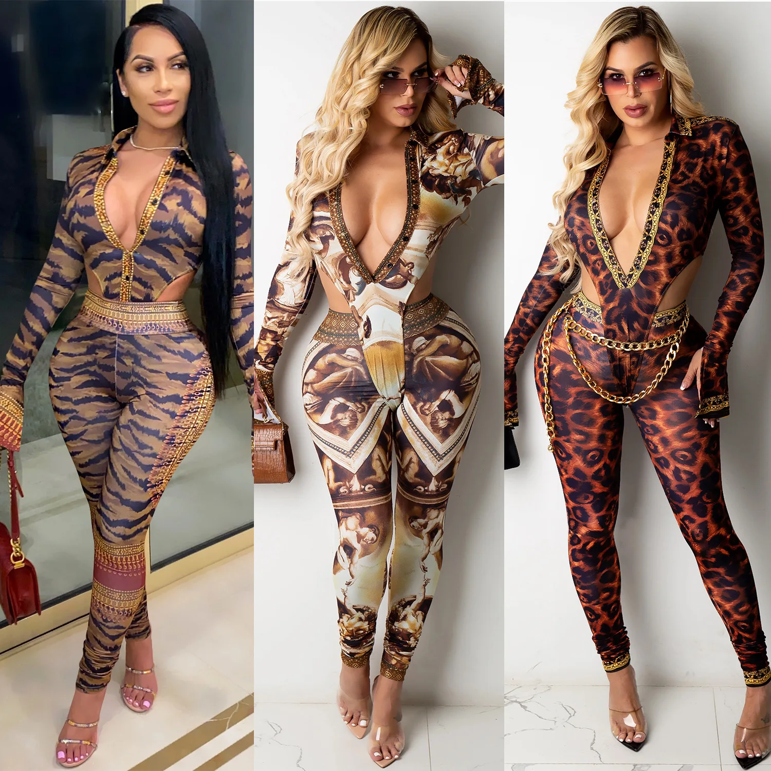 

C3765 2021 Spring New Arrival European American Fashion Deep V Neck Tight Sexy Print Long Sleeve Pants Suit