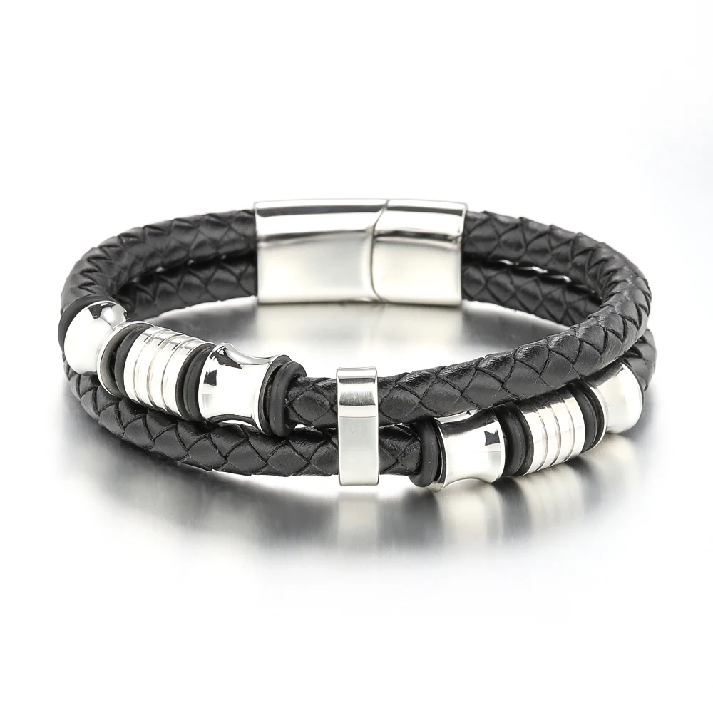 

Personalized Fashion Multilayer Braided Titanium Steel Slider Charms Leather Bracelet Jewelry For Men, Picture shows