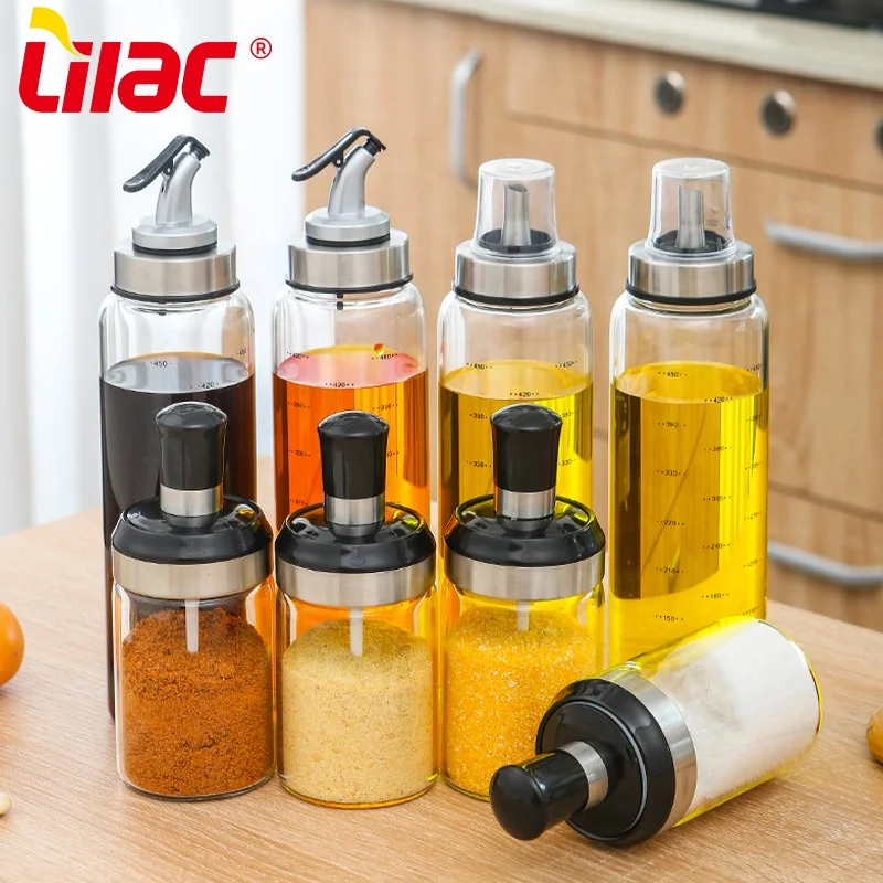 

Lilac BSCI SGS LFGB 220ml+500ml 2022 new handmade borosilicate press and measure vinegar jar and chilli oil dispenser with brush