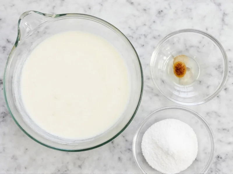 Chilled heavy cream, sugar, and vanilla in glass bowls