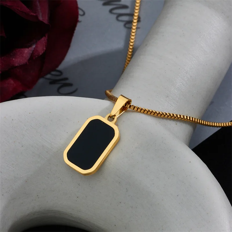 

Ins Trendy 18K Gold Plated Box Chain Black Enamel Square Necklace Stainless Steel Rectangle Pendant Necklace for women