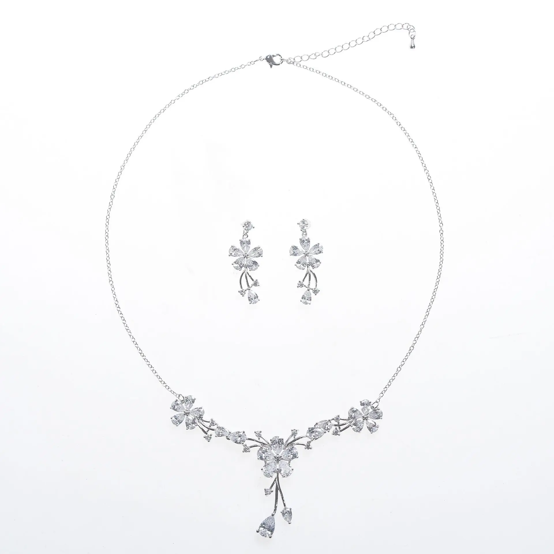 

Luxury Zircon Jewelry Flower Bow Water Droplets Necklace Drop Earrings Women Engagement Wedding Bride Jewelry Set