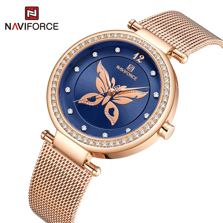 

Naviforce 5018 RGBE Milan Stainless Steel Watch Straps Butterfly Pattern 3ATM Waterproof Calendar Free Quartz for Women