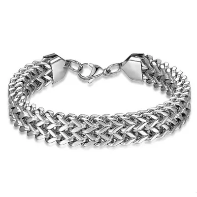 

Hip Hops Double Layers Stainless Steel Bracelet 12MM Silver Plated Titanium Steel Thick Byzantine Chain Bracelet For Men, As picture