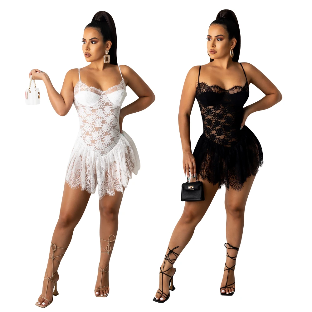 

F21732A in stock 2021 women's stretch lace see-through sexy dress, Black,white