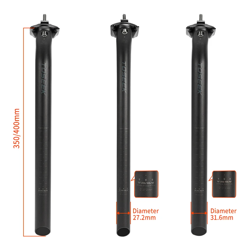 TOSEEK Customized T700 Carbon Fiber Seatpost Light Weight 400MM MTB Road Bike Seat Post Seat Tube Bicycle Parts