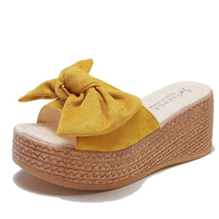 

Best-selling thick-soled sandals sloped heeled women's fashion summer slippers ultra-high heeled muffin bottoms bow cool drag, Black, yellow, pink