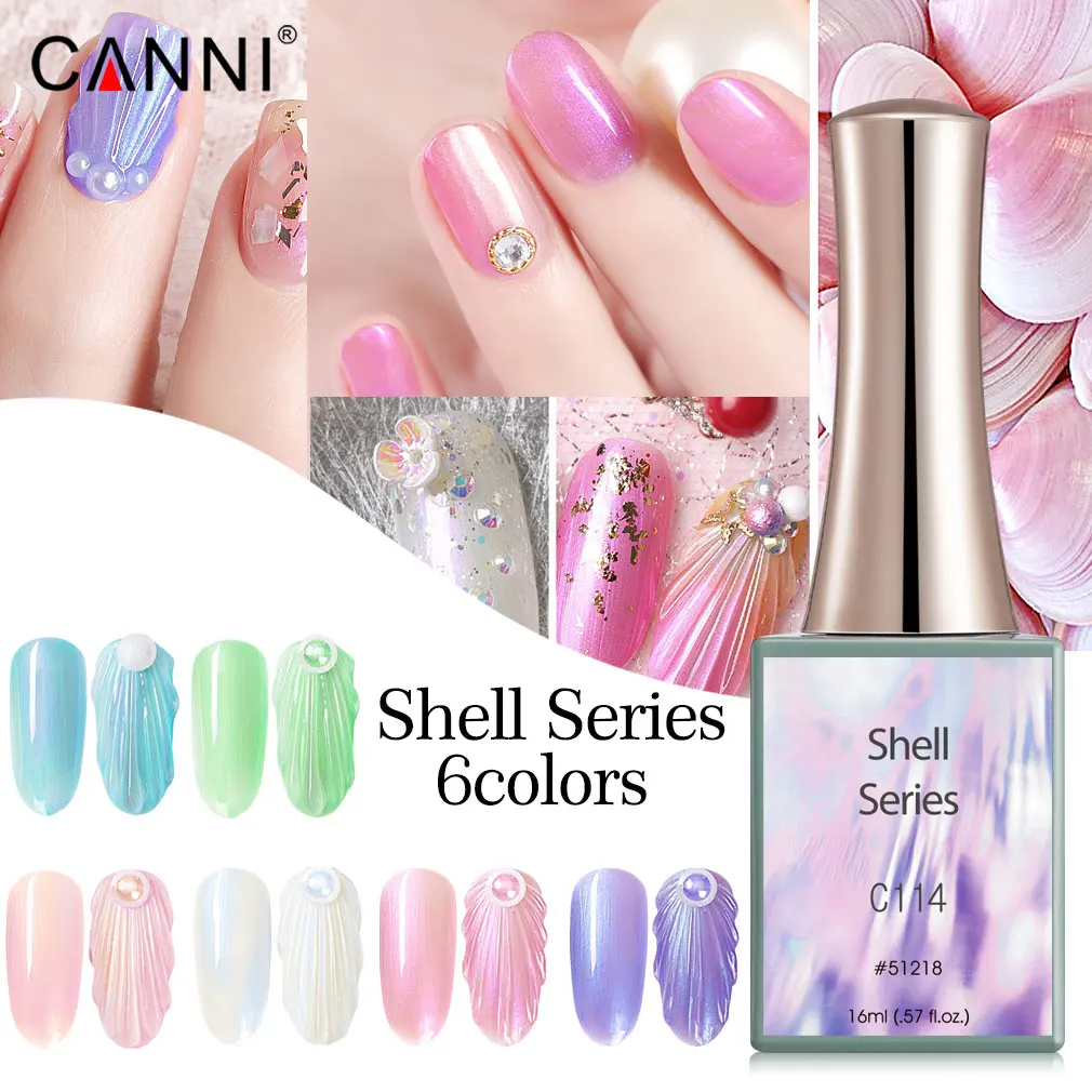 

CANNI SOAK OFF 16ML shell Holographic Nail Gel Polish Laser Pink Purple Pearl Semi Permanent Soak Off UV Gel Lacquer Varnish, 6 colors