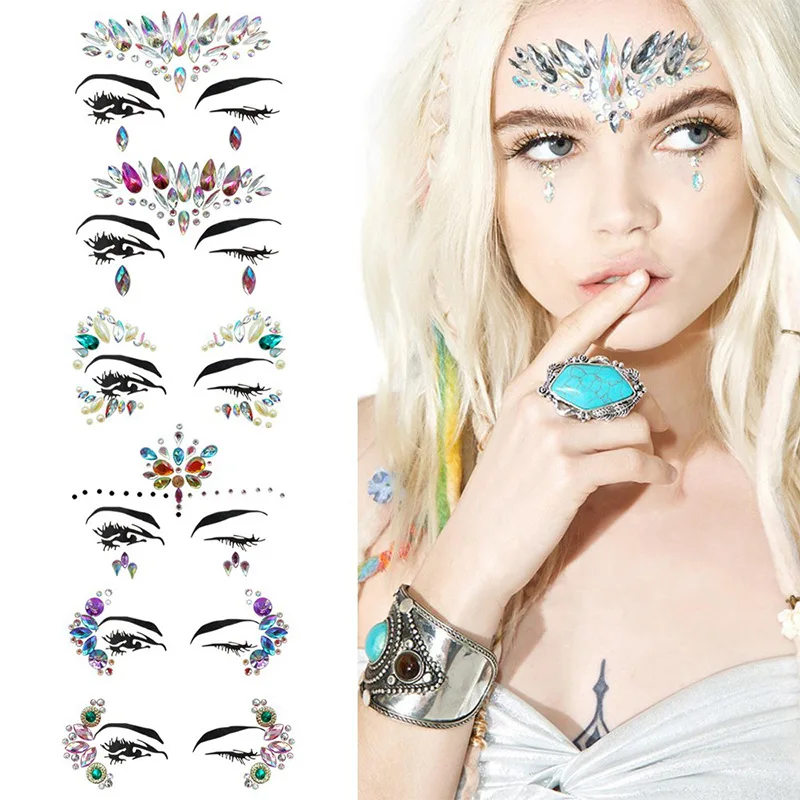 

Halloween Glitter Rhinestone Crystal Diamond Face Tattoo Temporary Jewel Art Sticker Happy Game Double Face Gems Sticker, Red, black, blue, colorful