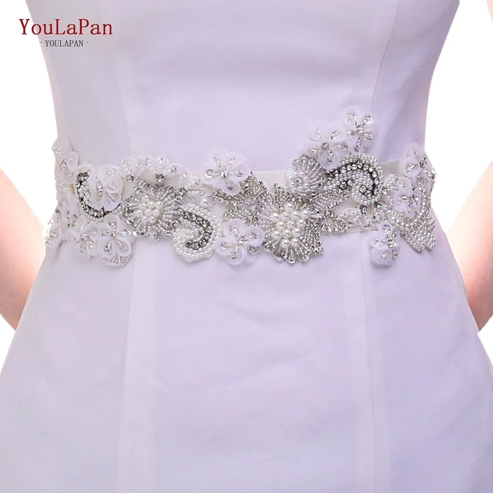 

YouLaPan S331 Popular Organza Flower Pearl Belt Women Dresses Accessories Rhinestone Pregnant Big Sash Bridal Wedding Belt, White