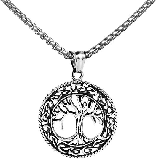 

Tree of Life Necklace Stainless Steel Vintage Family Tree Amulet Pendant 24IN Gift for Family Friend Lover or Daily wear