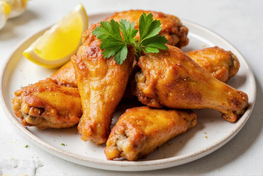 Finished plate of golden brown lemon pepper wings garnished with fresh parsley and lemon wedges