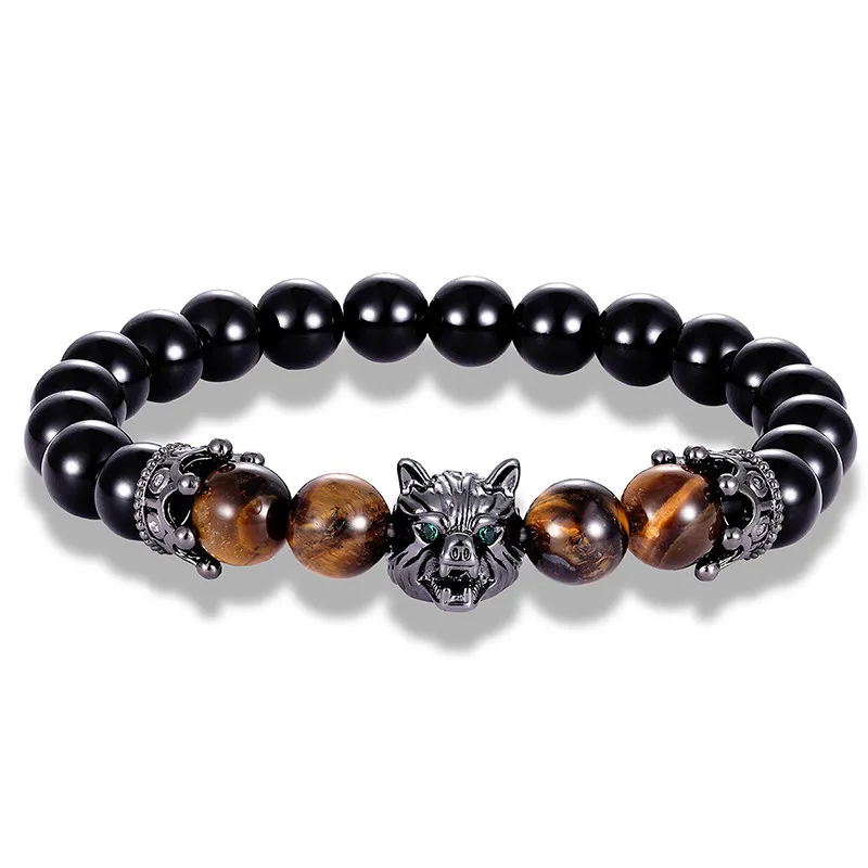 

Pulseira Masculina Women Men Tiger Eyes Beads Crown Wolf Bracelet Stretch Natural Stone Beads Black Agate Tigereye Bracelet