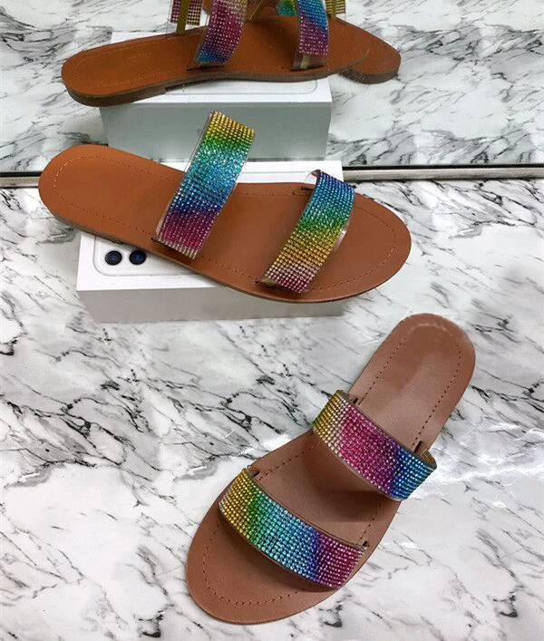 

Superstarer Colorful flat rhinestone slide sandals fashion double 2 strap women's sandal shoes, Silver/pink/colorful