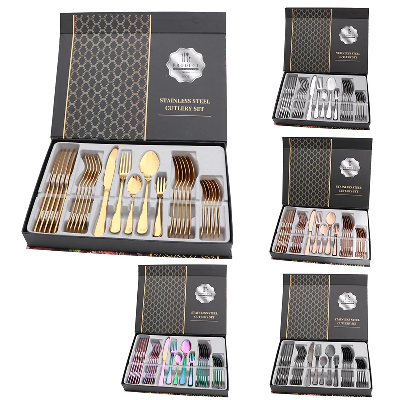 

Luxury Colorful Stainless Steel 30 Pcs Flatware Gift With Box Gold Silverware Wholesale Fork Knife Spoons Kitchen Cutlery Set, Silver/gold/black/rose gold/colorfui/