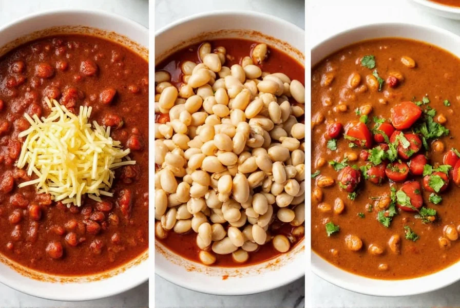Three different chili bowls showing variations: classic red, white bean, and vegetarian