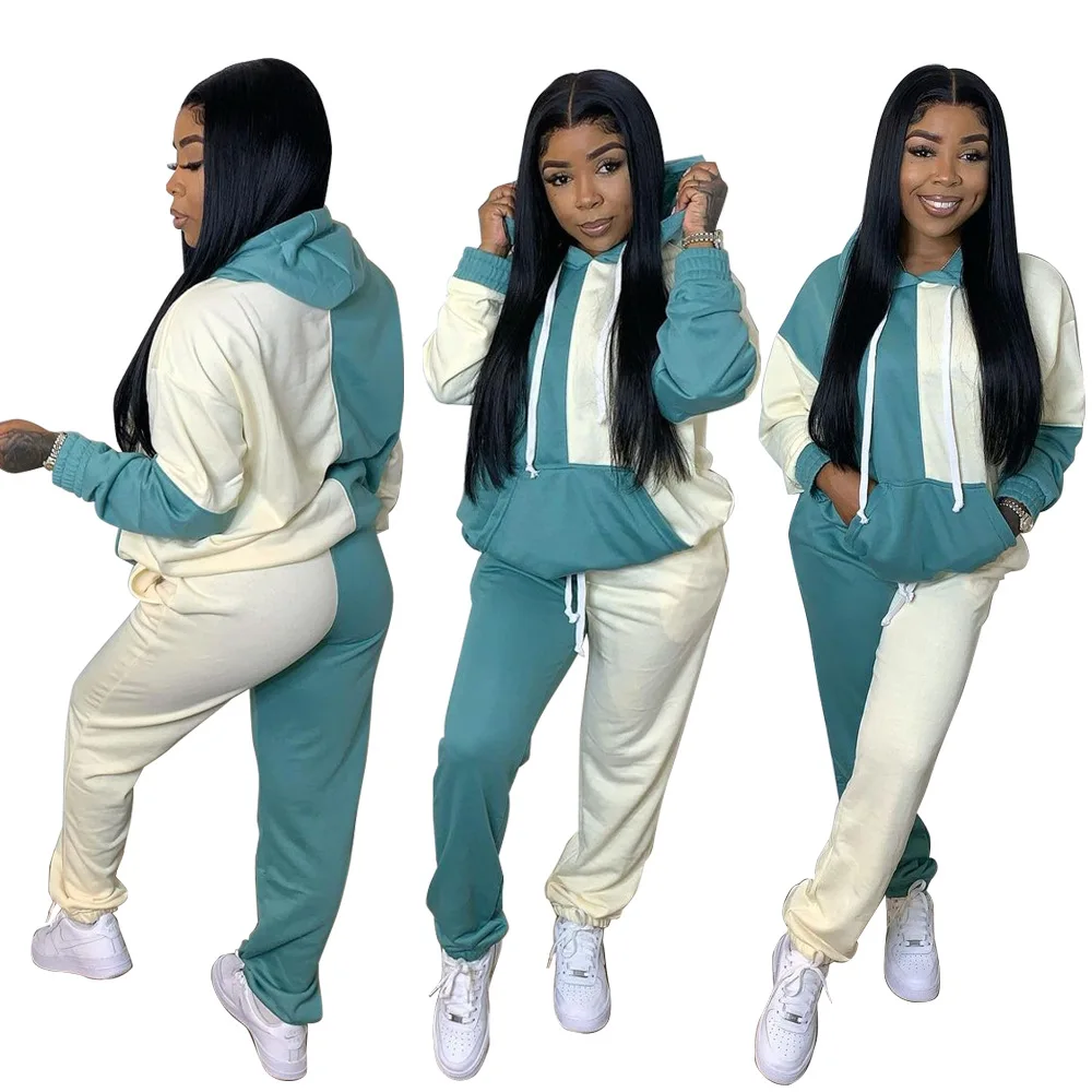

2021 New Arrivals Women Hooded Drawstring Long Sleeve Sweater Slim Pants 2 Pieces Set Color Block Patchwork Outfits Tracksuit, Picture show