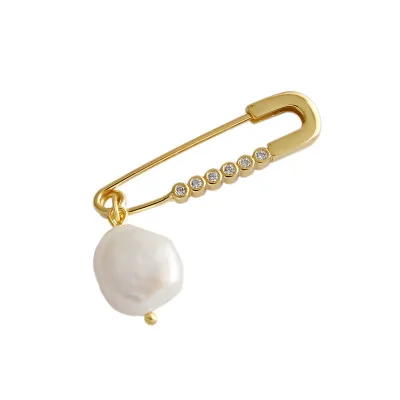 

925 sterling silver artificial pearl personality zircon jewelry safety pin earrings, Gold