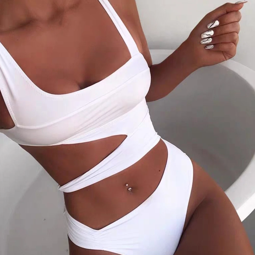 

2021 Private Label Custom Swimwear Solid Color Bikini Swimsuits Female Hollow Out One Piece Swimsuit for Women