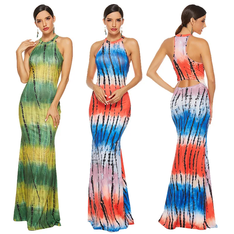 

rYD5229 2021 New Women Ladies Sleeveless Hanging Neck Tie Dye Party Maxi Long Evening Dresses Vestidos Largo