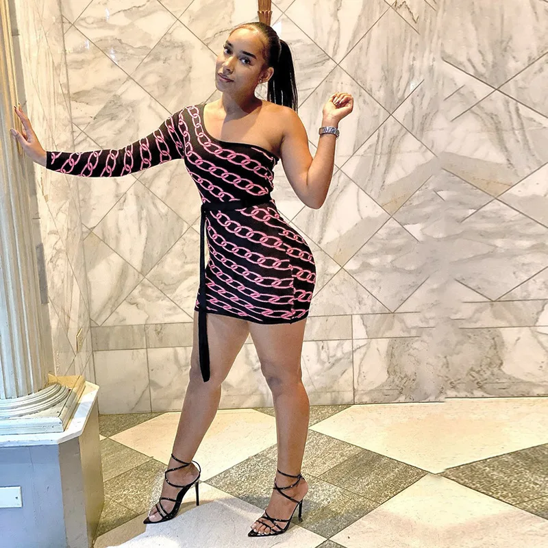 

2021 casual sexy dresses party one shoulder long sleeves bodycon short dress for women clothing