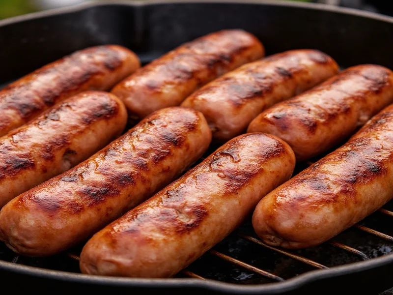 Plump homemade sausages sizzling on cast iron grill