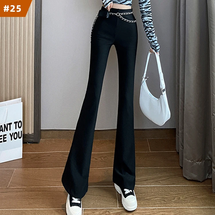 

2022 new arrival spring women pants high waist pants slim woman casual flare black pants women with chain, Mix color is available