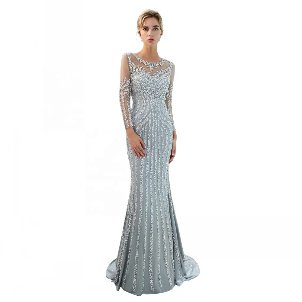 

MOTB-090 Sexy Long Sleeves Party Wear Gown Sparkling Luxury Mermaid Dress Evening Dress Women, Sliver or customized