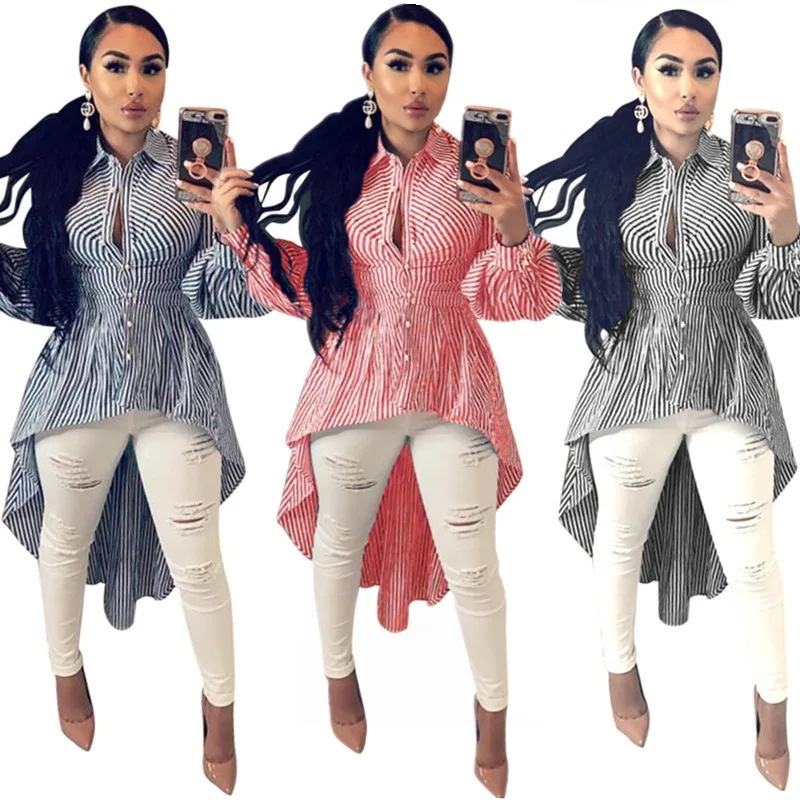 

Trendy new design long sleeves women cotton t-shirts blue and white striped irregular woman dress shirt casual women clothing, Blue/red/black