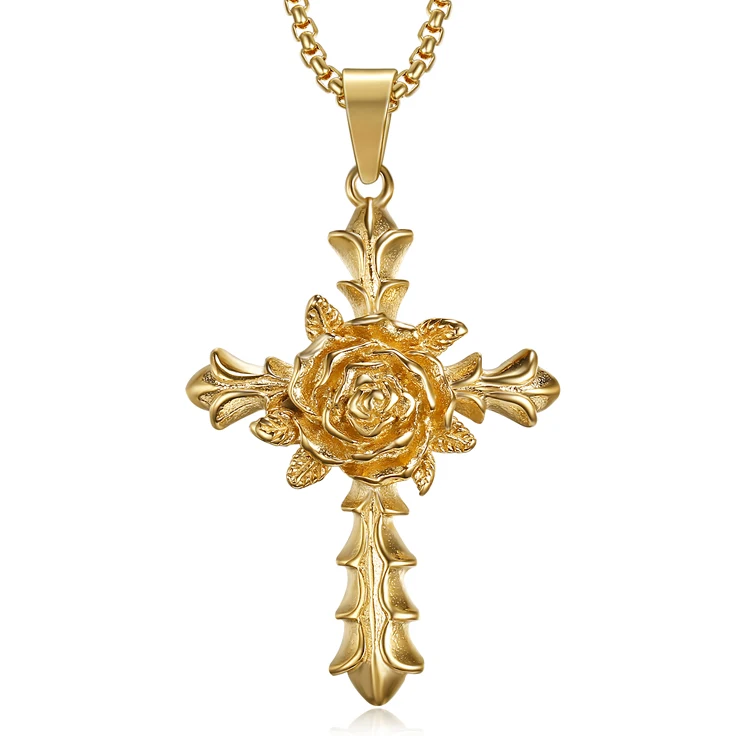 

Punk Rose Cross Necklace Stainless Steel Rose Flower Jesus Crucifix Pendant Gold Hiphop Cross Necklace Link Chains