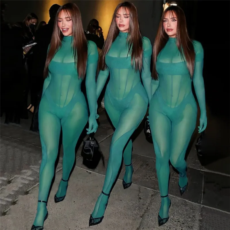 

W1611 - fashion sexy mesh see through transparent sheer long sleeve women jumpsuit