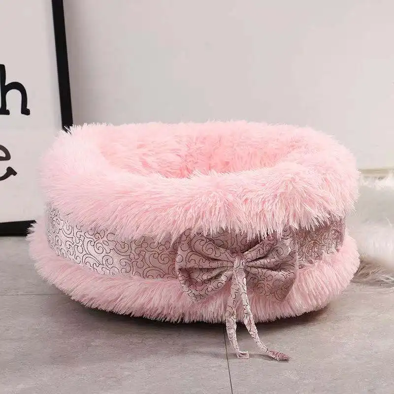 

Cat's nest warm in winter round bow Plush cute dog's nest cat's nest semi closed dog pad pet products