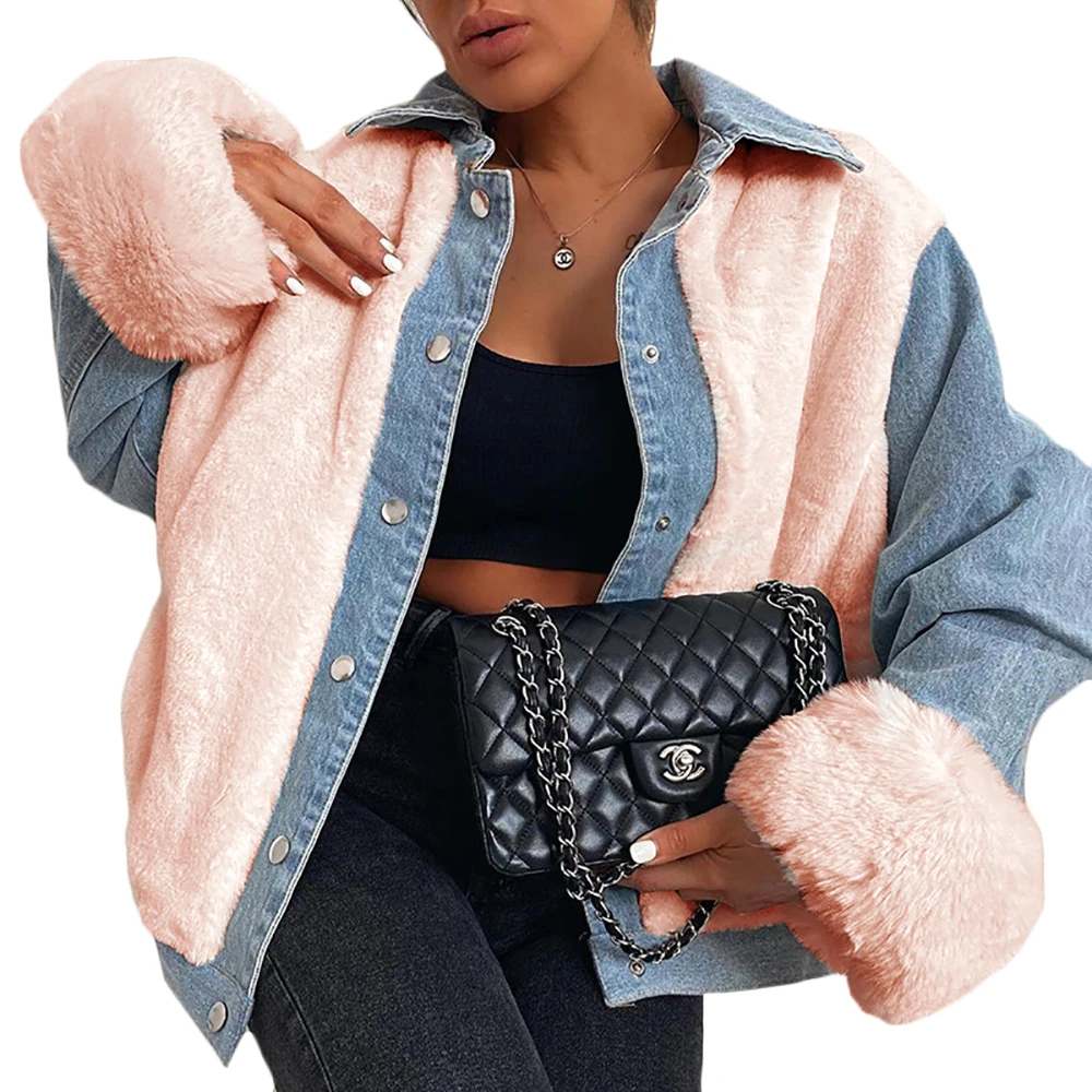 

2021 New Arrival Women Fall Winter Lamb Fur Splice Denim Warm Jacket And Coat, Blue,pink, black, white