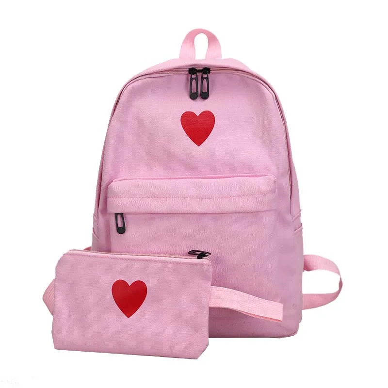 

2 Pieces Set Male And Girls Students Big Backpack College Style Canvas Travel Love Heart Printing Bag, Black/pink/white/yellow