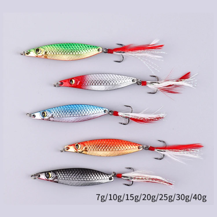 

New willow-shaped zinc alloy color sequinsdeep diving private label fishing grouper lure with feather three hooks