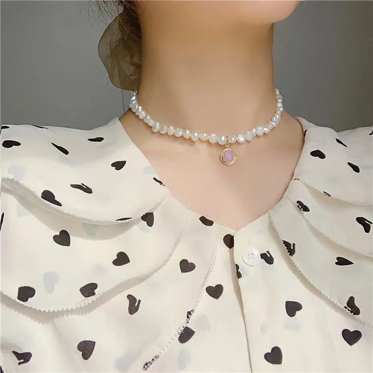 

JUHU 2021 New cute pearl necklace retro original pearl necklace Natural baroque special-shaped pearl moonstone jewelry for women