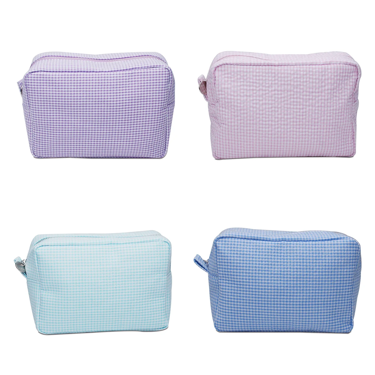 

Wholesale Gingham Cosmetic Case Seersucker Cosmetic Bag DOM1131858 Custom Makeup Bag for Women and Girls, Baby blue, aqua, purple, pink