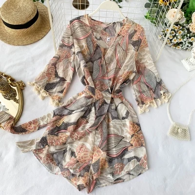 

Hot sale women floral printed chiffon short jumpsuits with tassel
